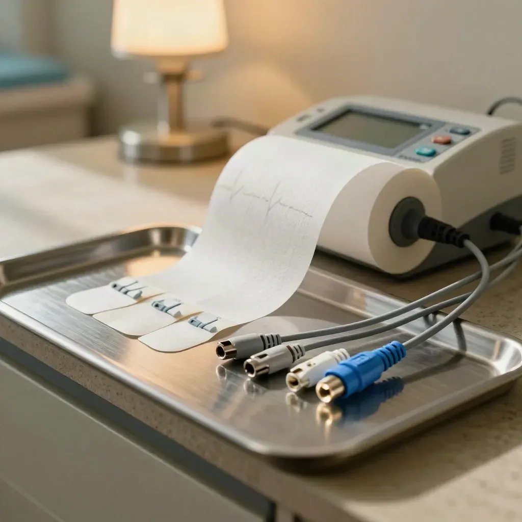 Set ECG con cavi e macchina, in una stanza clinica calda e silenziosa.