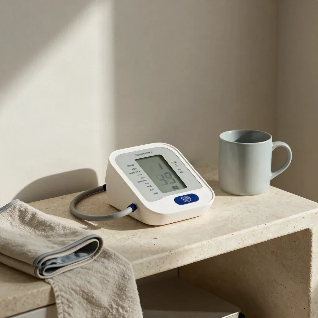 Tensiometro automatico, bracciale e tazza blu su consolle in pietra, angolo clinico domestico.