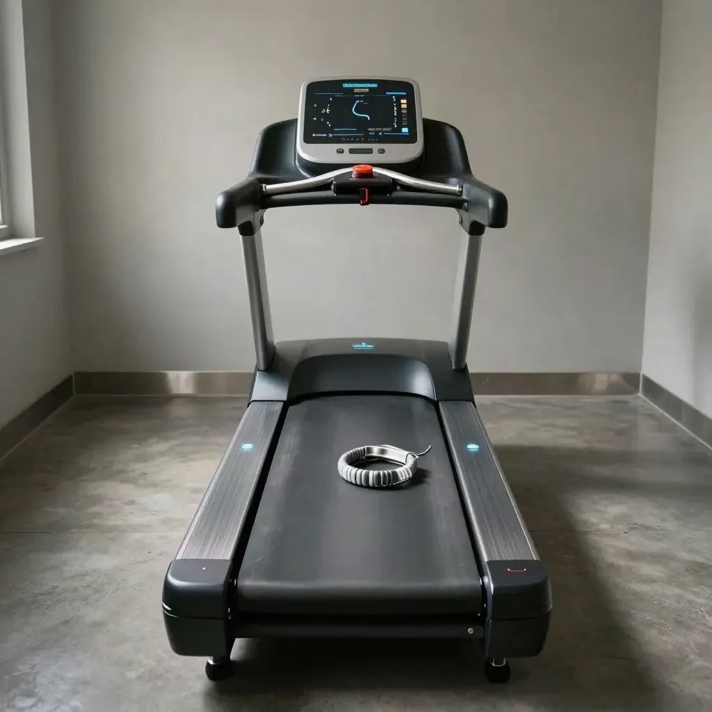 Sala clinica con tapis roulant, cavo ECG e pulsossimetro per test da sforzo.