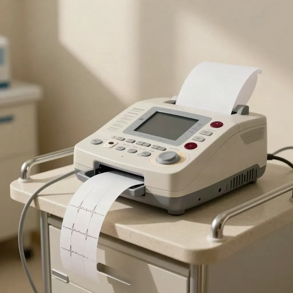 Macchina ECG in sala luminosa con cavi, elettrodi e carta pronta al tracciato.