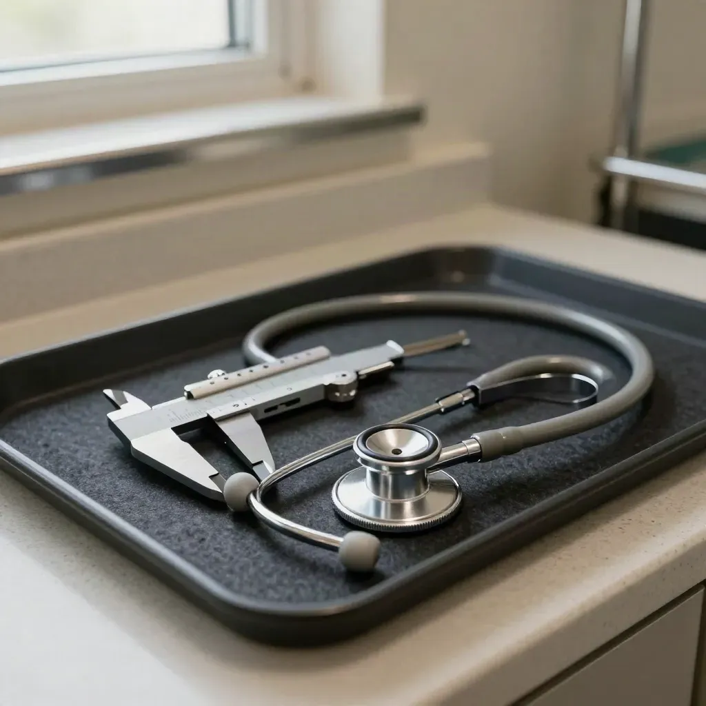 Strumenti cardiologici su vassoio in feltro scuro con luce radente e travertino.