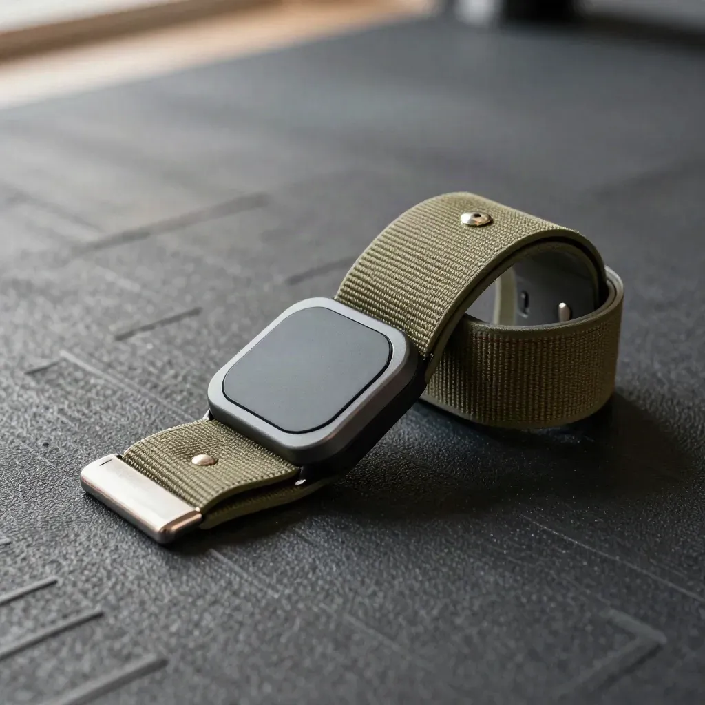 Fascia cardio da sport, timer clip e banda di recupero su tappetino in gomma.