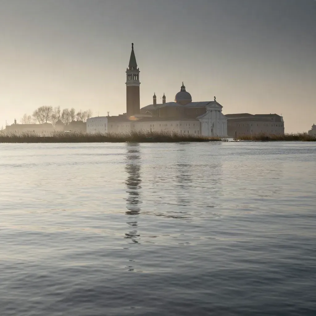 Laguna veneziana al crepuscolo con campanile lontano e acqua calma nella foschia